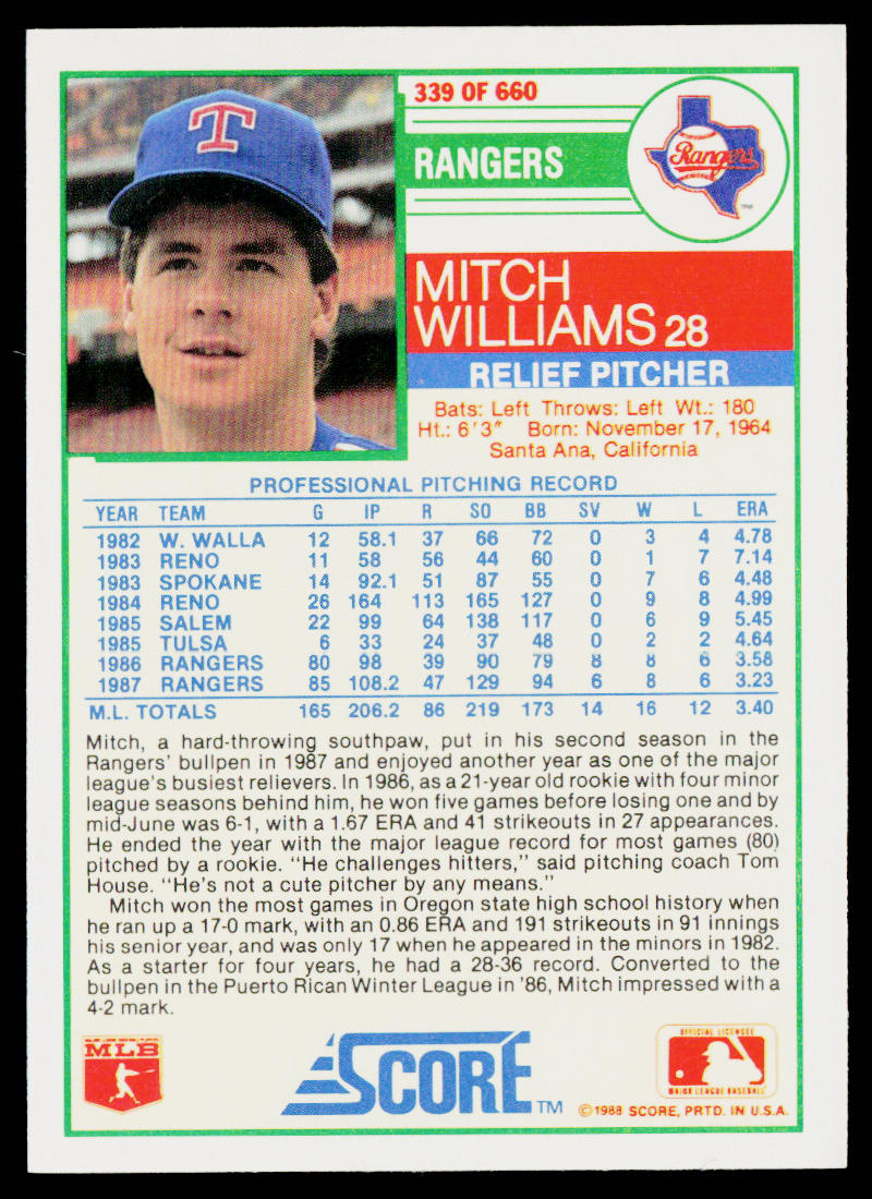 Mitch Williams 1988 Score #339 Texas Rangers