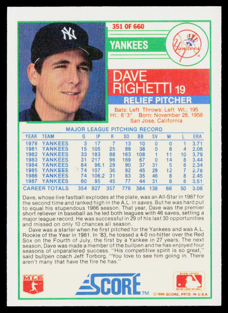 Dave Righetti 1988 Score #351 New York Yankees