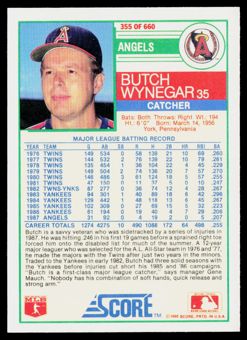 Butch Wynegar 1988 Score #355 California Angels