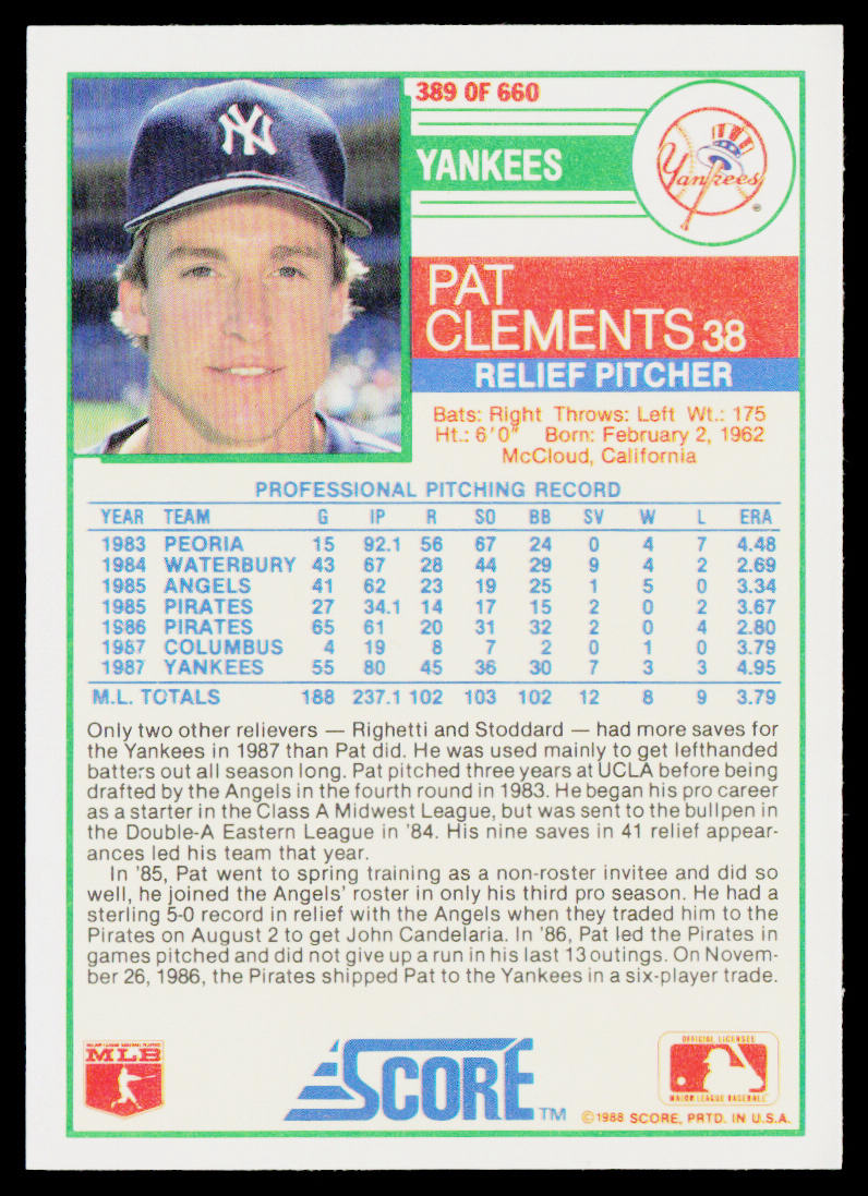 Pat Clements 1988 Score #389 New York Yankees