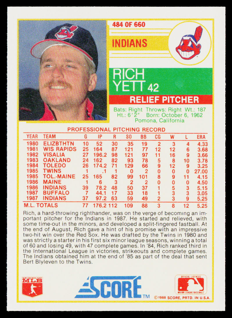 Rich Yett 1988 Score #484 Cleveland Indians