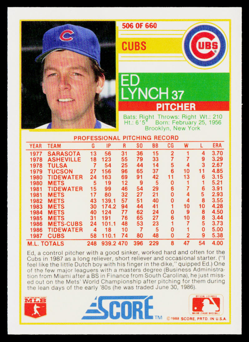 Ed Lynch 1988 Score #506 Chicago Cubs