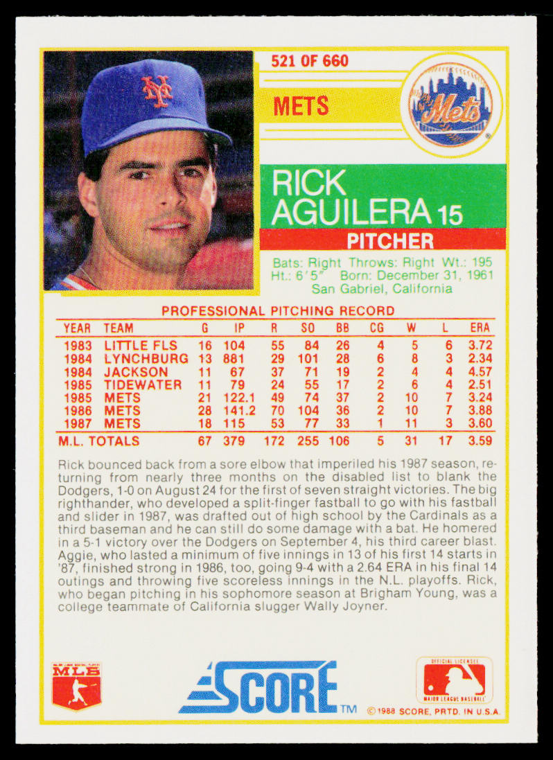 Rick Aguilera 1988 Score Glossy #521 New York Mets
