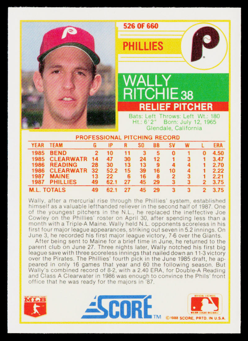 Wally Ritchie 1988 Score #526 RC Philadelphia Phillies