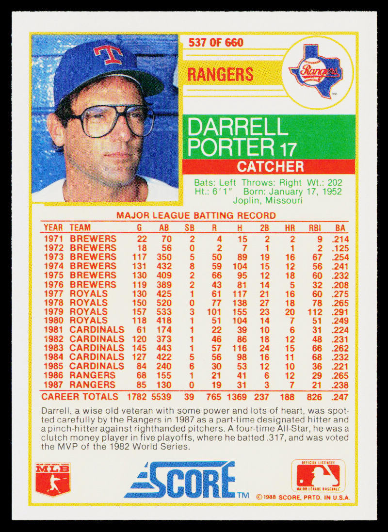 Darrell Porter 1988 Score #537 Texas Rangers