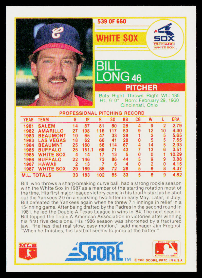 Bill Long 1988 Score #539 RC Chicago White Sox