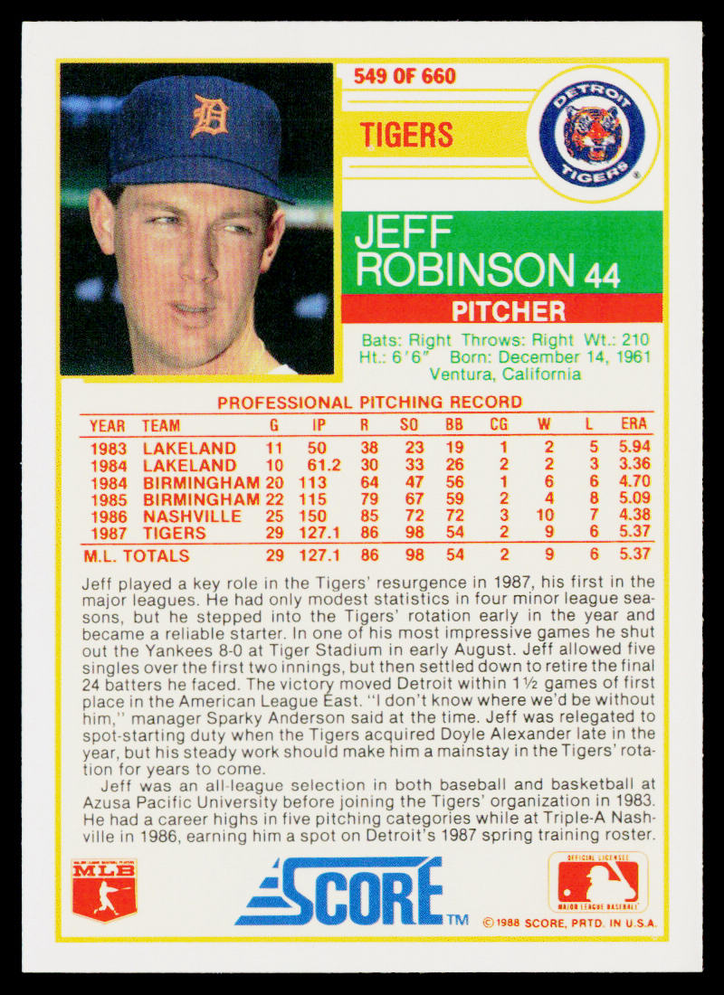 Jeff Robinson 1988 Score #549 RC Detroit Tigers