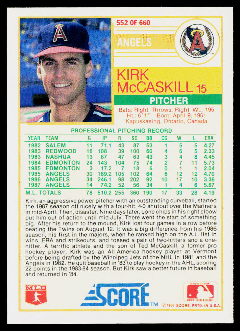 Kirk McCaskill 1988 Score #552 California Angels