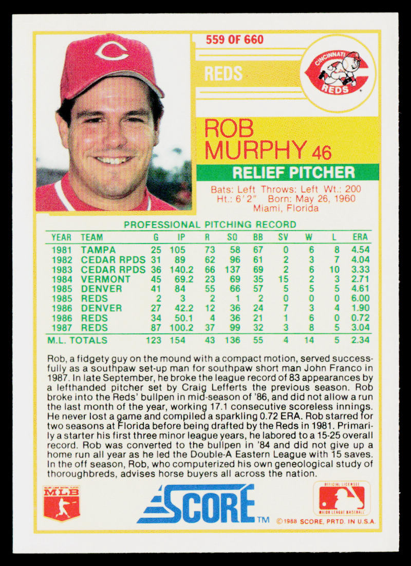 Rob Murphy 1988 Score #559 Cincinnati Reds