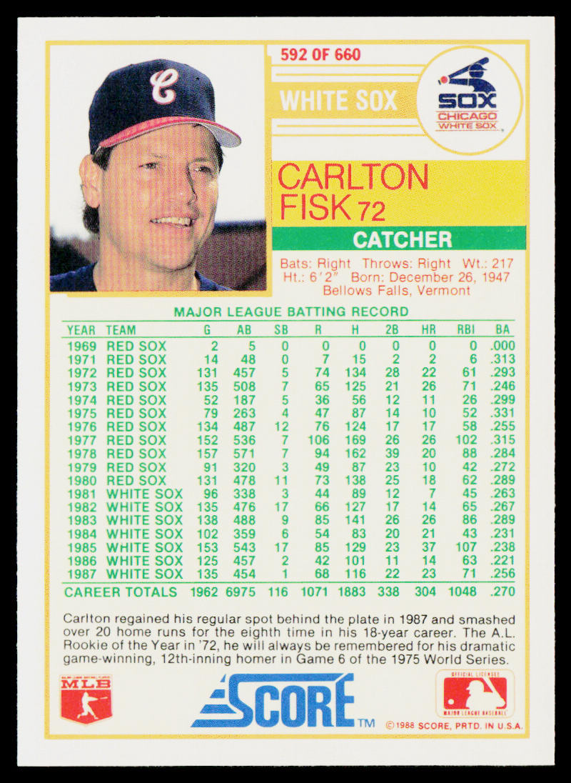 Carlton Fisk 1988 Score #592 Chicago White Sox