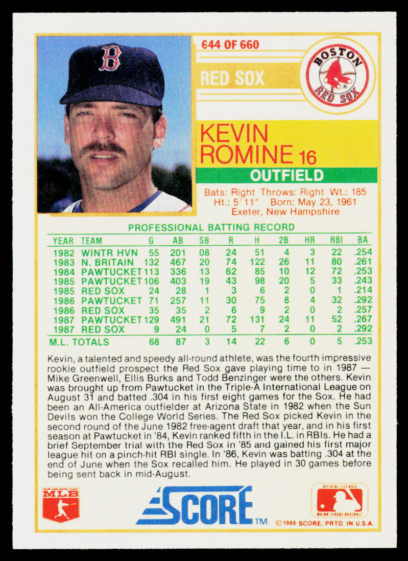 Kevin Romine 1988 Score #644 Boston Red Sox