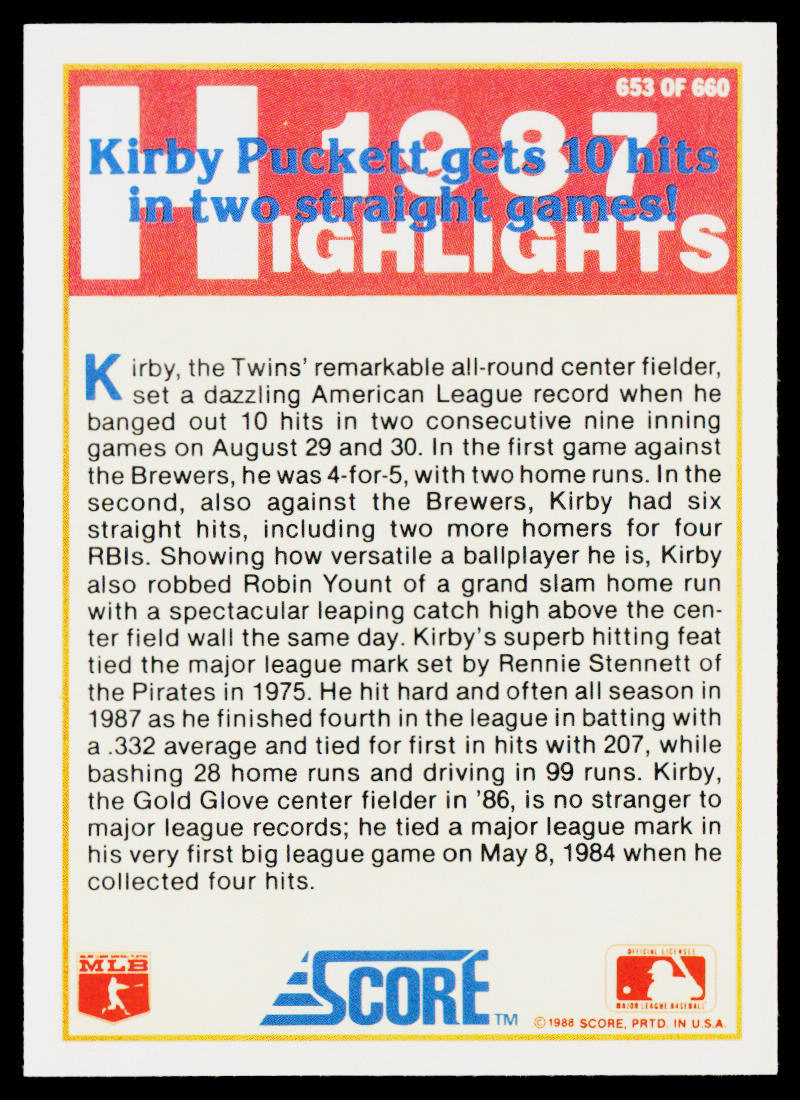 Kirby Puckett 1988 Score #653 Minnesota Twins