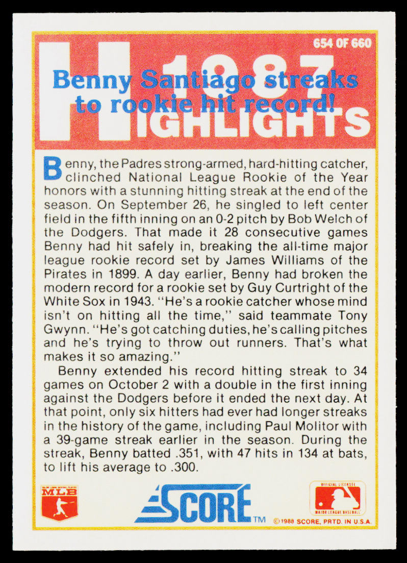 Benny Santiago 1988 Score #654 San Diego Padres