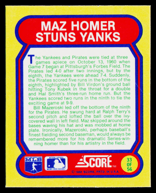 1988 Score Magic Motion: Great Moments in Baseball #33 Pittsburgh Pirates