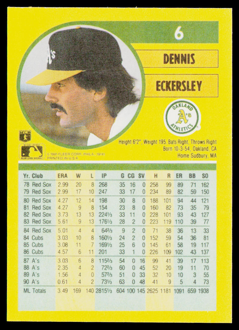 Dennis Eckersley 1991 Fleer #6a Oakland Athletics