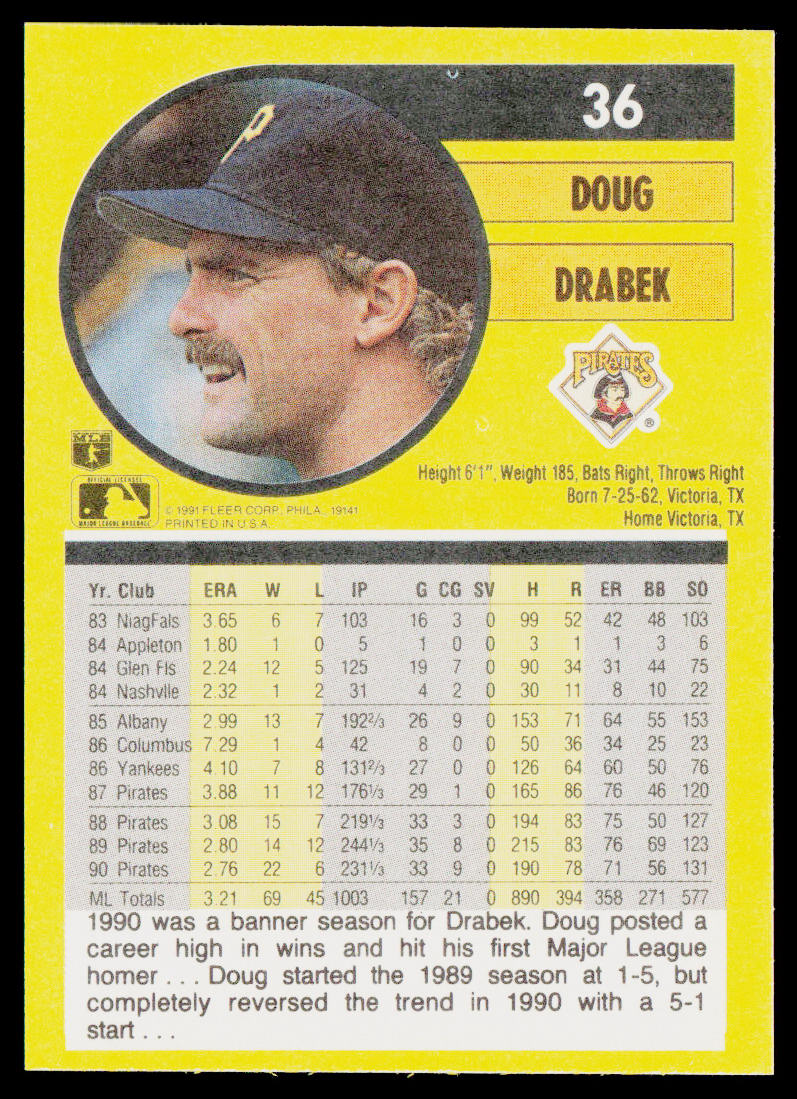 Doug Drabek 1991 Fleer #36b Pittsburgh Pirates