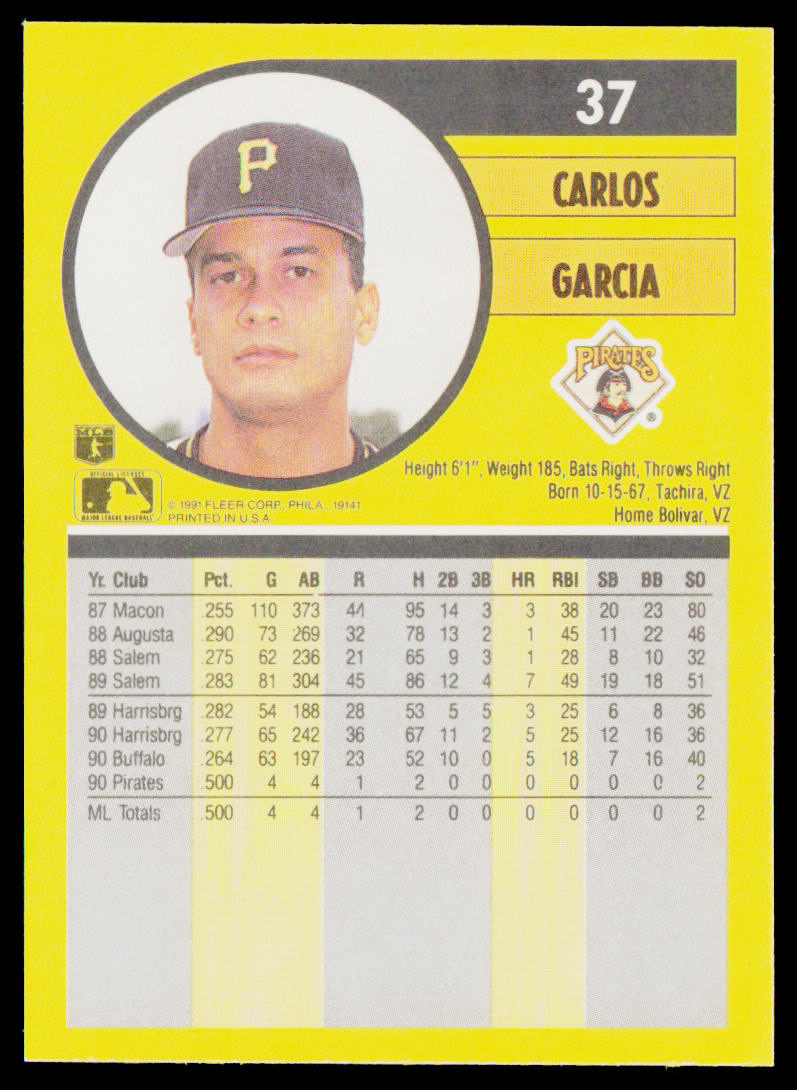 Carlos Garcia 1991 Fleer #37 RC Pittsburgh Pirates