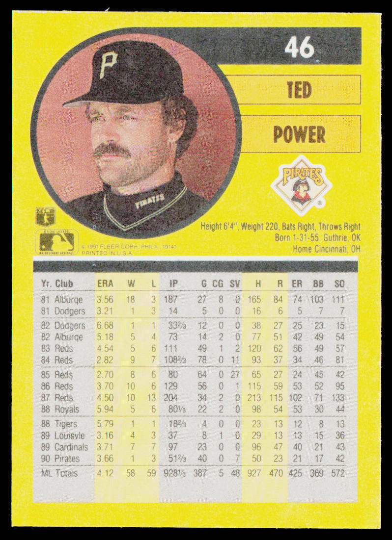 Ted Power 1991 Fleer #46b Pittsburgh Pirates