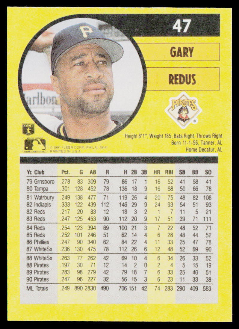 Gary Redus 1991 Fleer #47b Pittsburgh Pirates