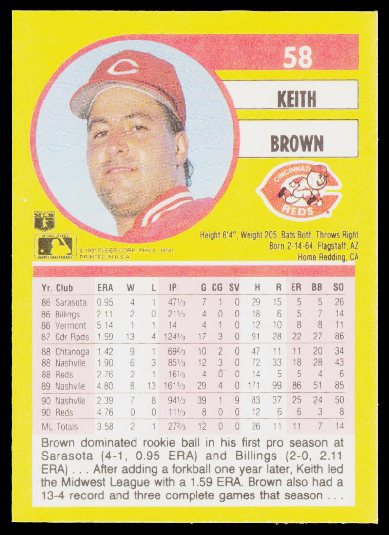 Keith Brown 1991 Fleer #58b Cincinnati Reds