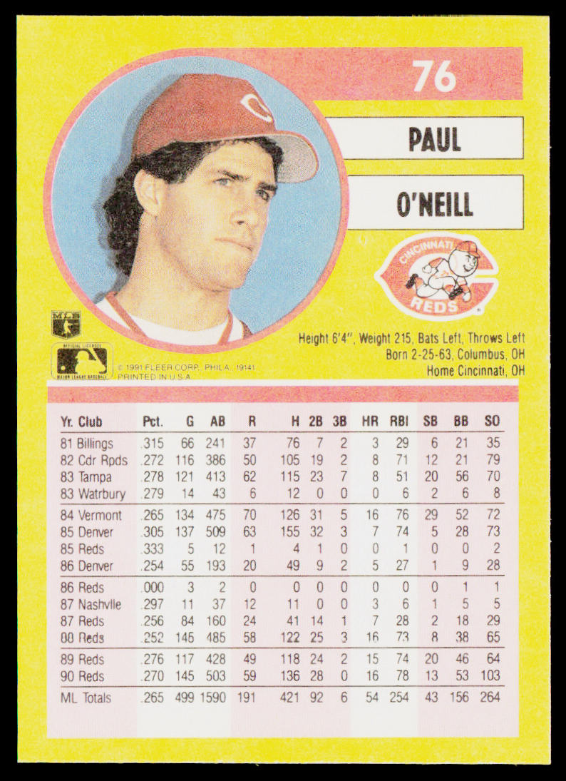 Paul O'Neill 1991 Fleer #76b Cincinnati Reds