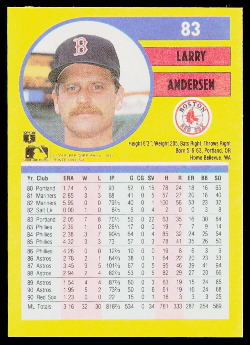 Larry Andersen 1991 Fleer #83b Boston Red Sox