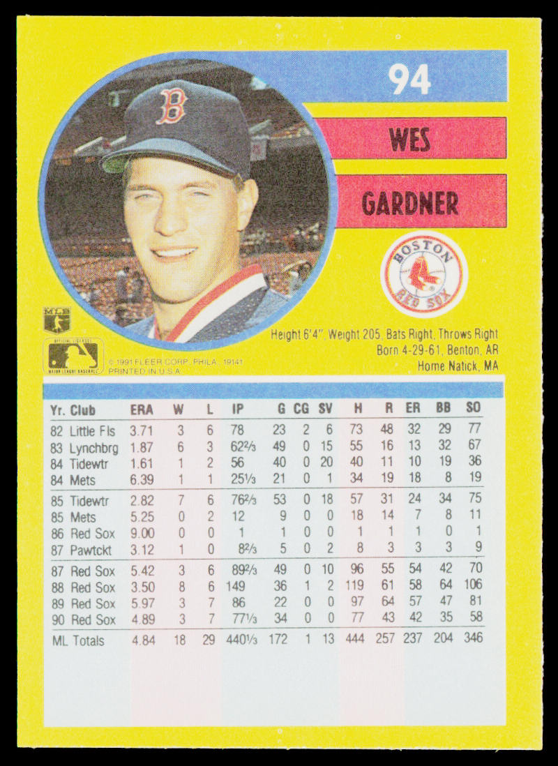 Wes Gardner 1991 Fleer #94b Boston Red Sox