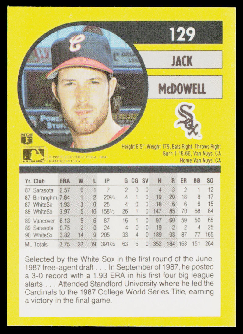Jack McDowell 1991 Fleer #129b Chicago White Sox