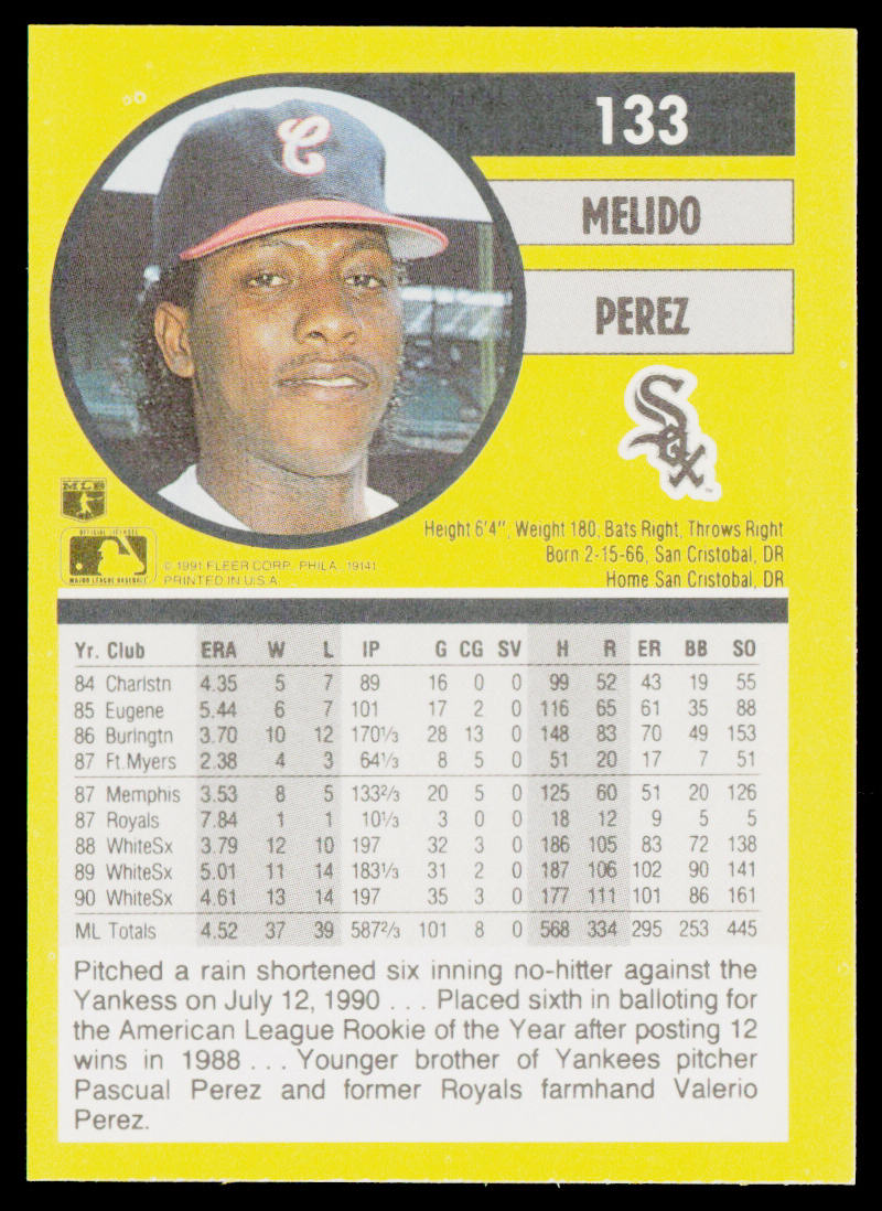 Melido Perez 1991 Fleer #133b Chicago White Sox