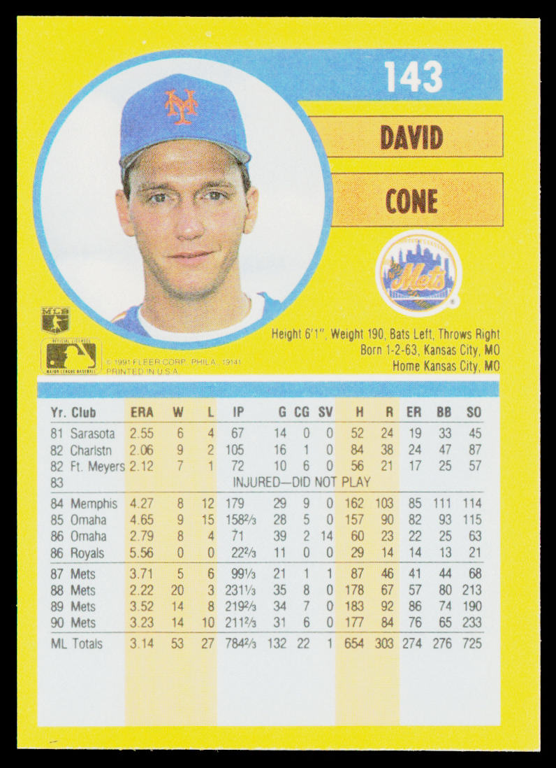 David Cone 1991 Fleer #143 New York Mets