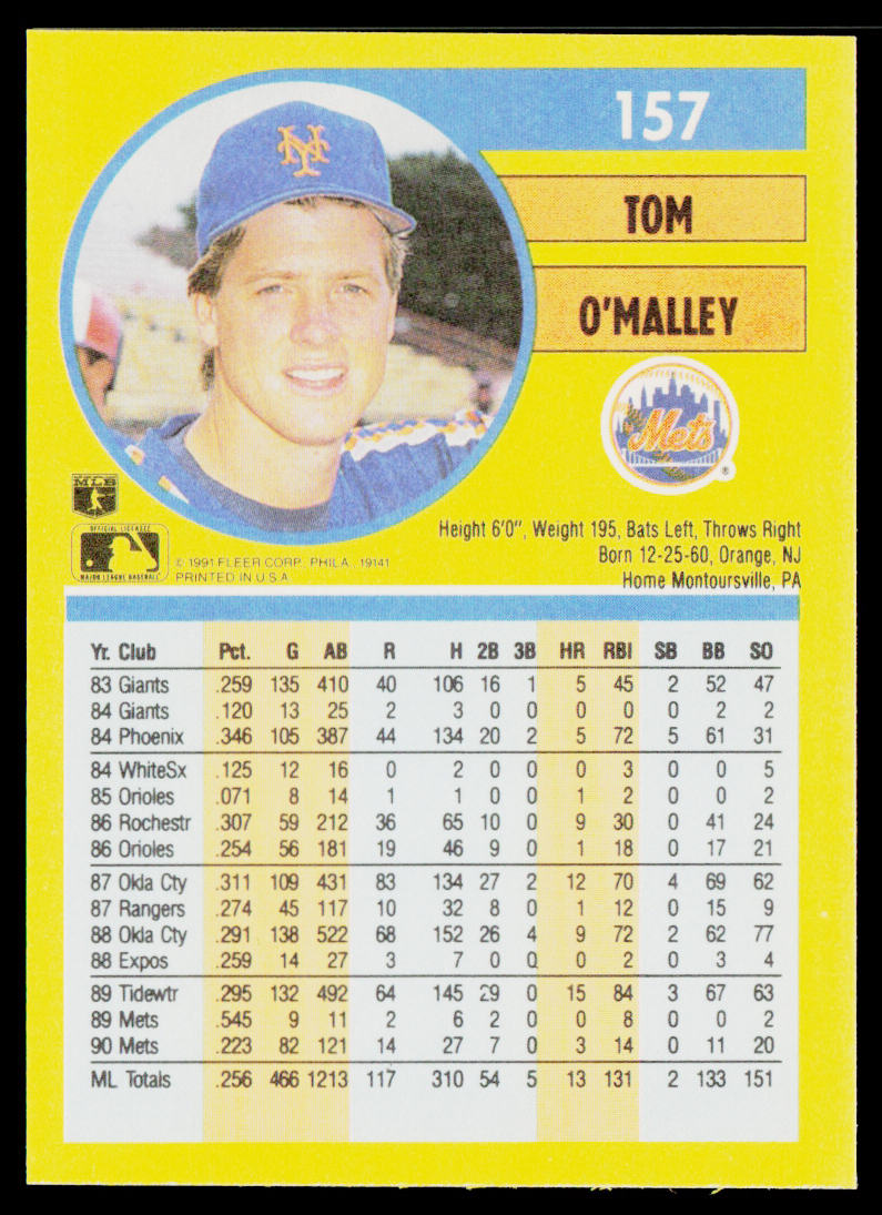 Tom O'Malley 1991 Fleer #157a New York Mets