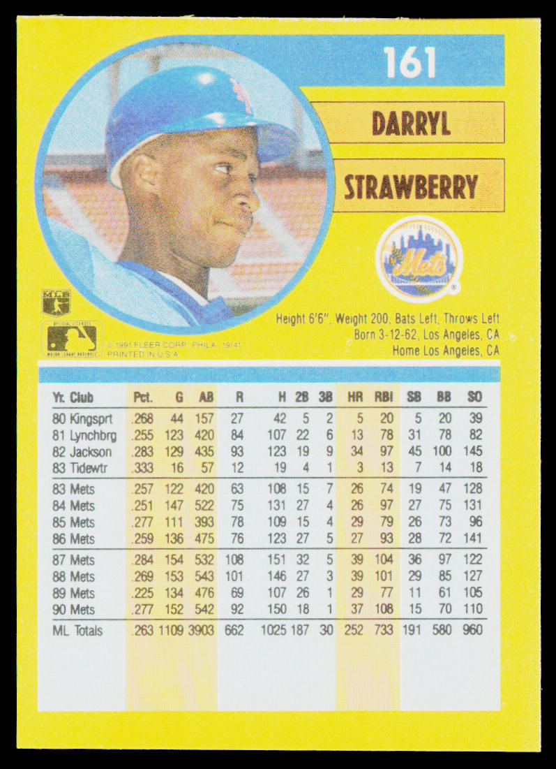 Darryl Strawberry 1991 Fleer #161b New York Mets