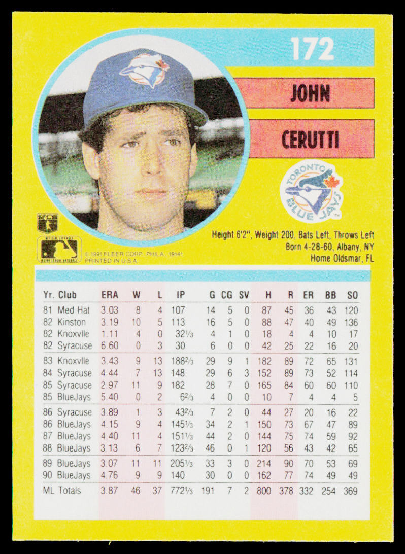 John Cerutti 1991 Fleer #172b Toronto Blue Jays
