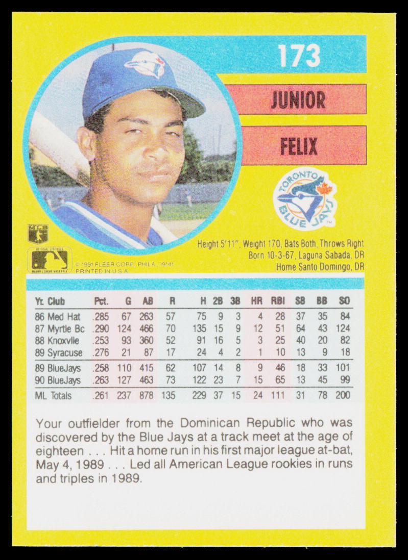 Junior Felix 1991 Fleer #173a Toronto Blue Jays