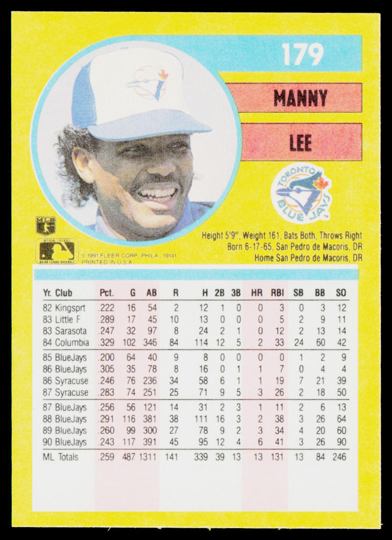 Manny Lee 1991 Fleer #179a Toronto Blue Jays