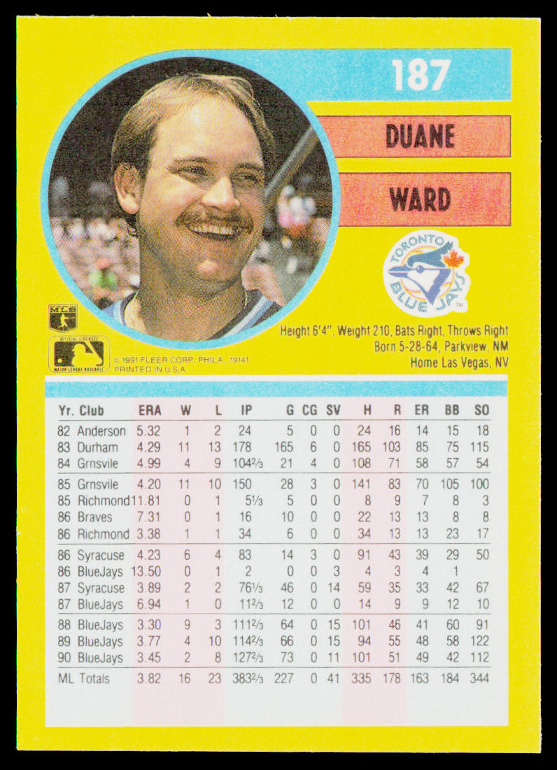 Duane Ward 1991 Fleer #187b Toronto Blue Jays