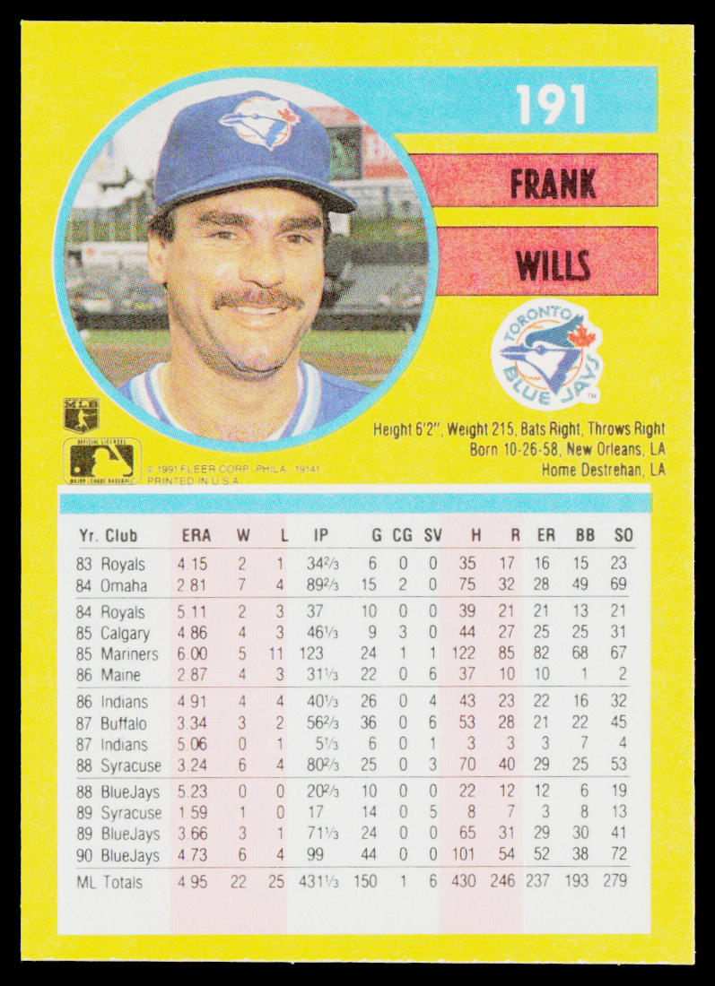 Frank Wills 1991 Fleer #191b Toronto Blue Jays