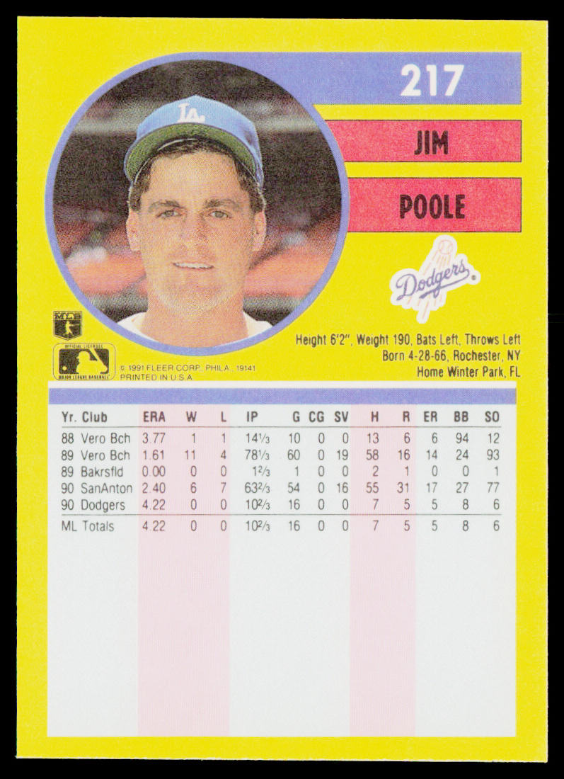 Jim Poole 1991 Fleer #217b RC Los Angeles Dodgers