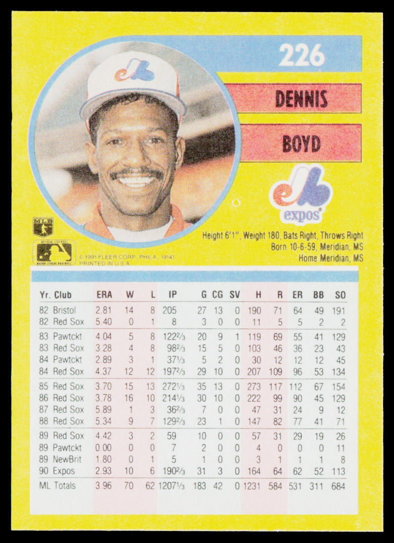 Dennis Boyd 1991 Fleer #226b Montreal Expos