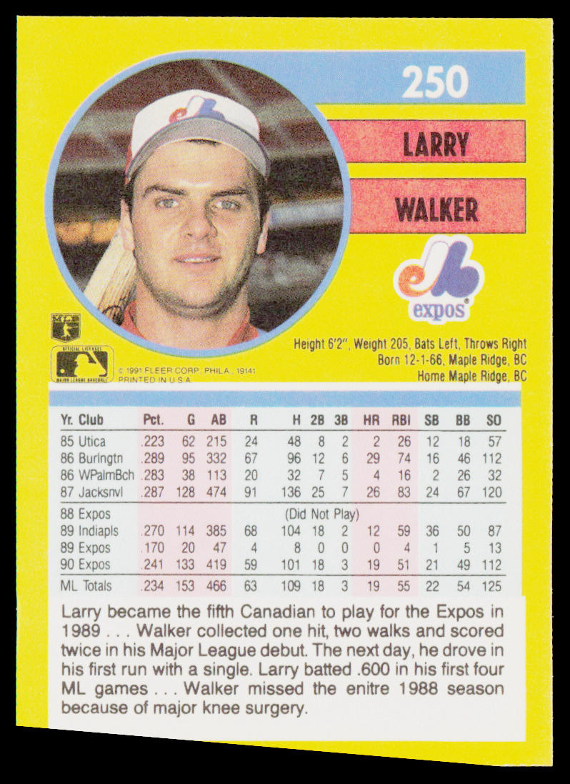 Larry Walker 1991 Fleer #250a Montreal Expos