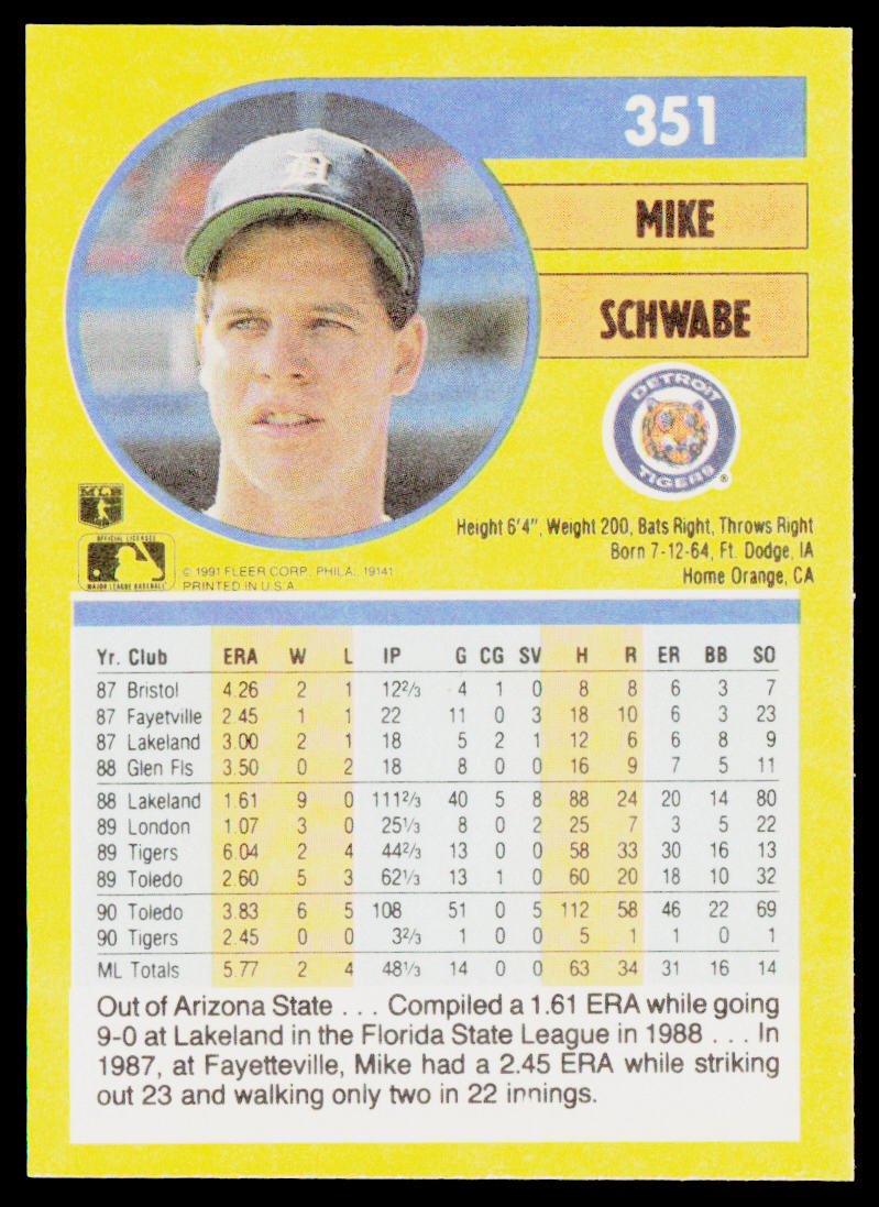 Mike Schwabe 1991 Fleer #351 RC Detroit Tigers