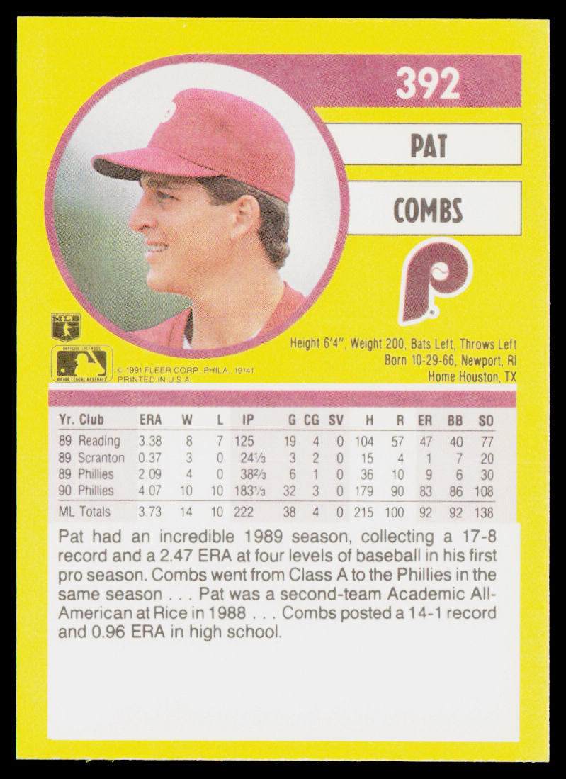 Pat Combs 1991 Fleer #392a Philadelphia Phillies