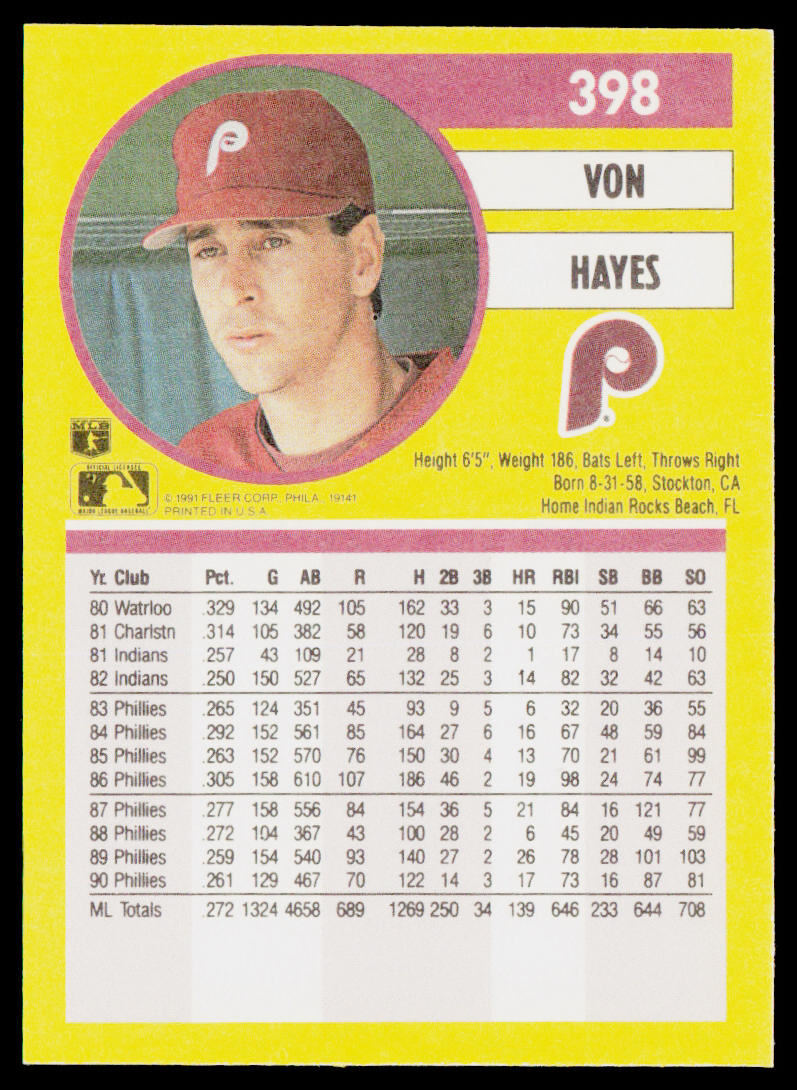 Von Hayes 1991 Fleer #398a Philadelphia Phillies