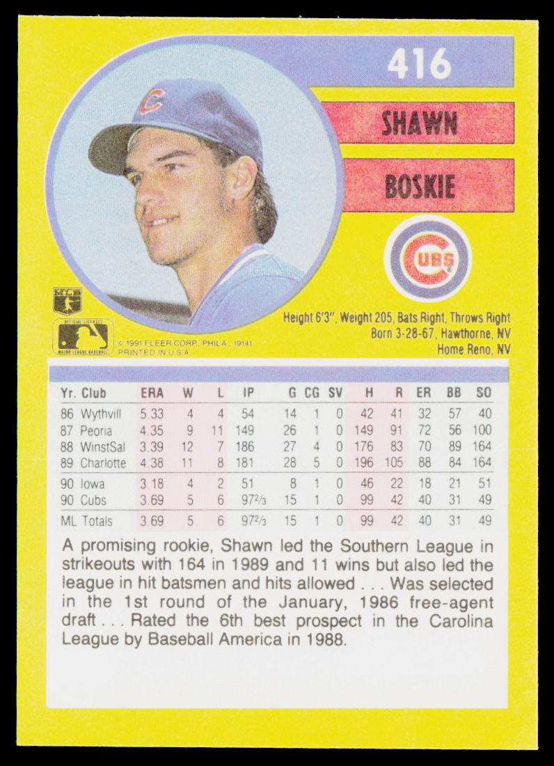 Shawn Boskie 1991 Fleer #416 Chicago Cubs