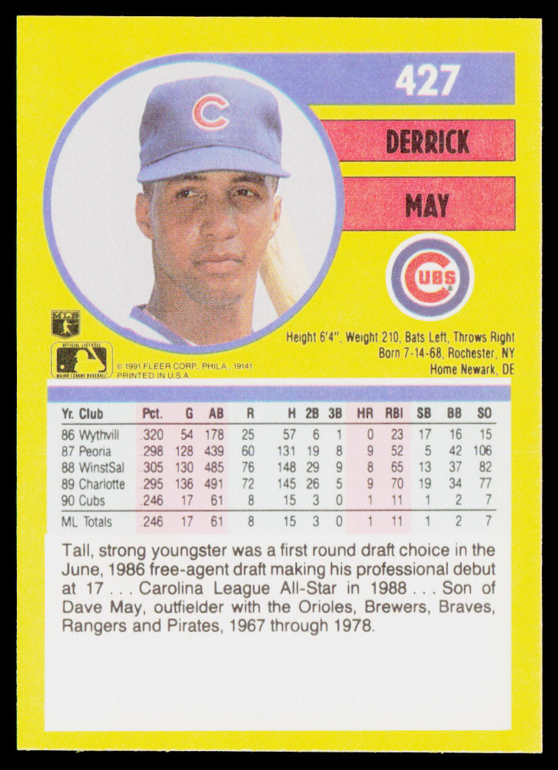 Derrick May 1991 Fleer #427b Chicago Cubs