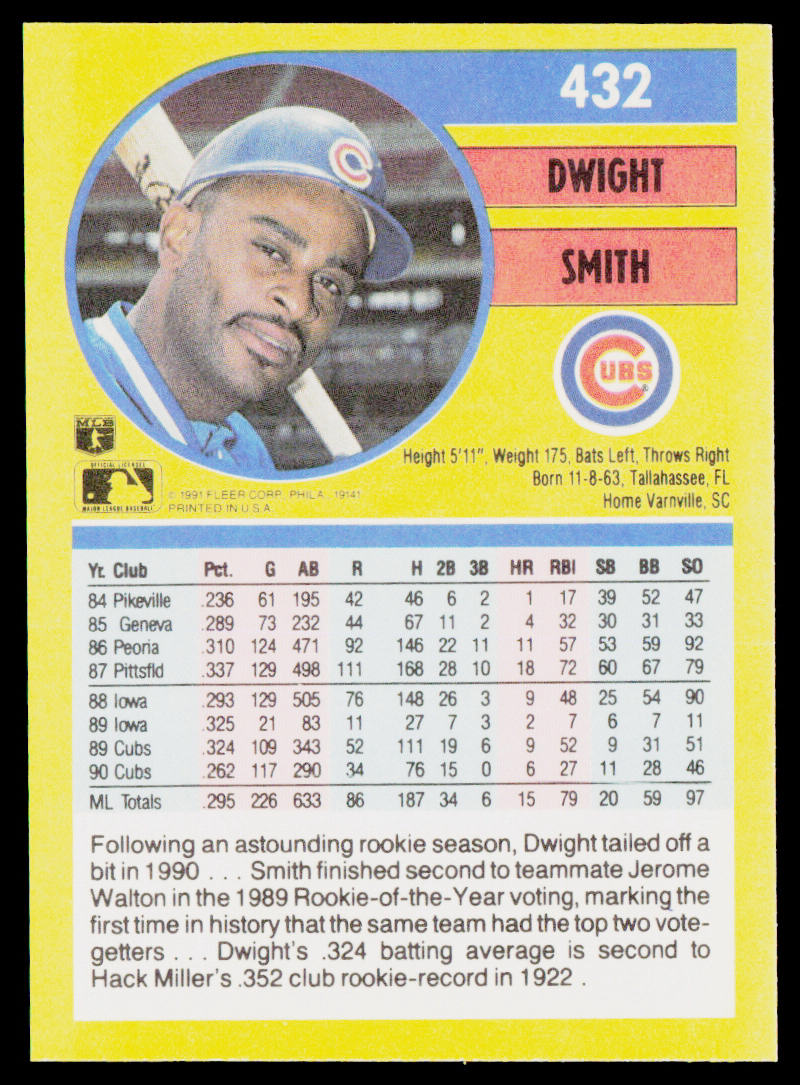 Dwight Smith 1991 Fleer #432b Chicago Cubs