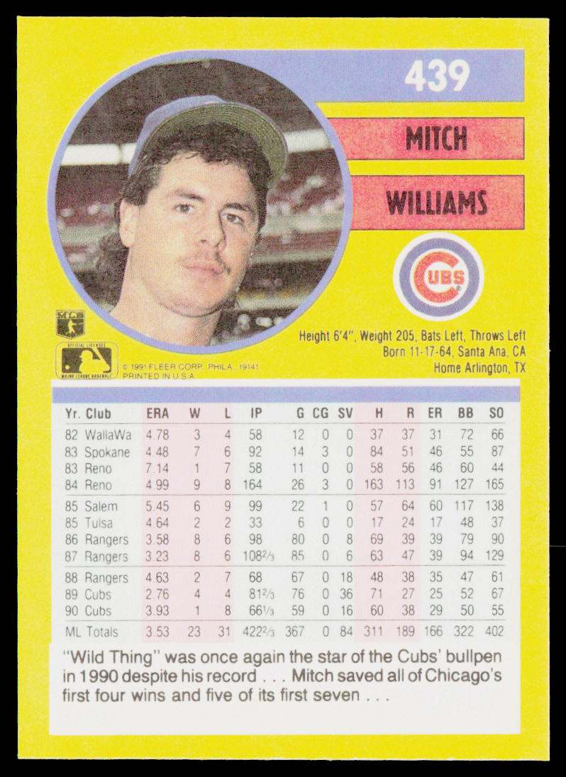 Mitch Williams 1991 Fleer #439a Chicago Cubs