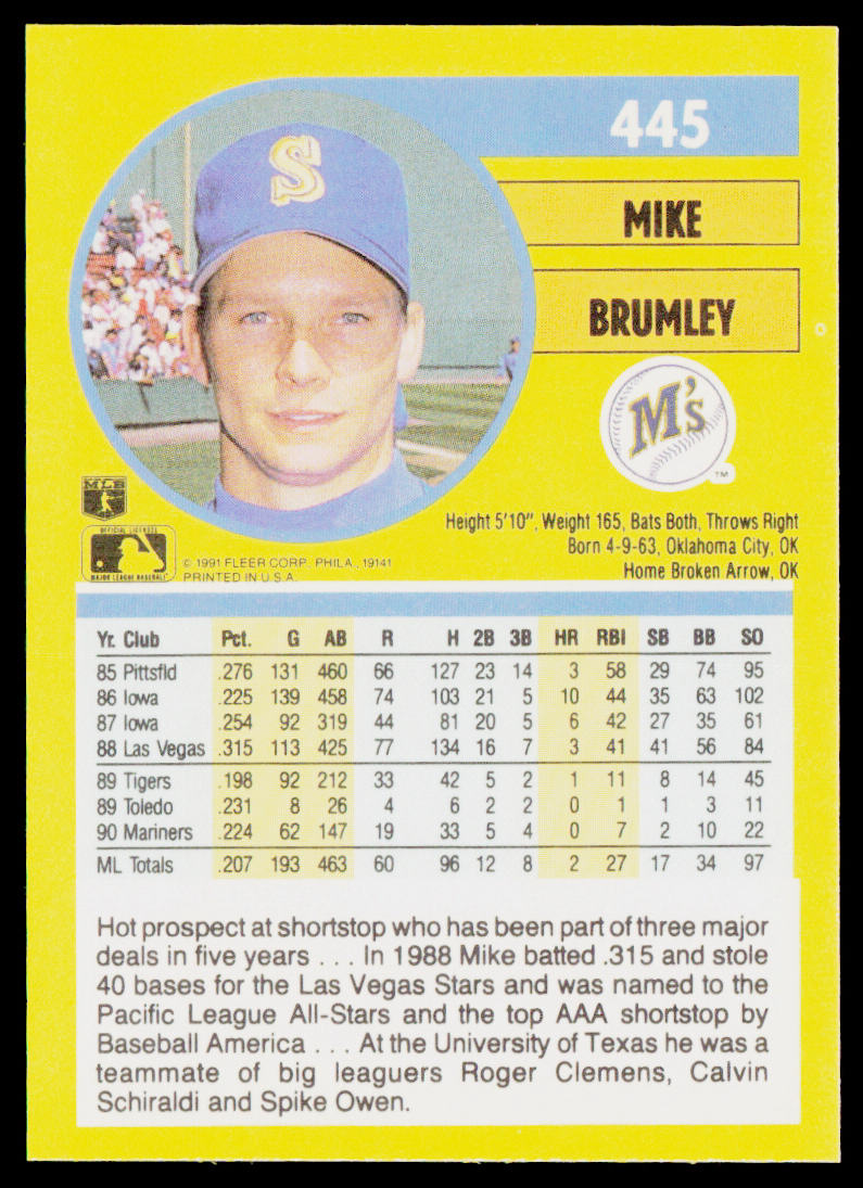 Mike Brumley 1991 Fleer #445a Seattle Mariners