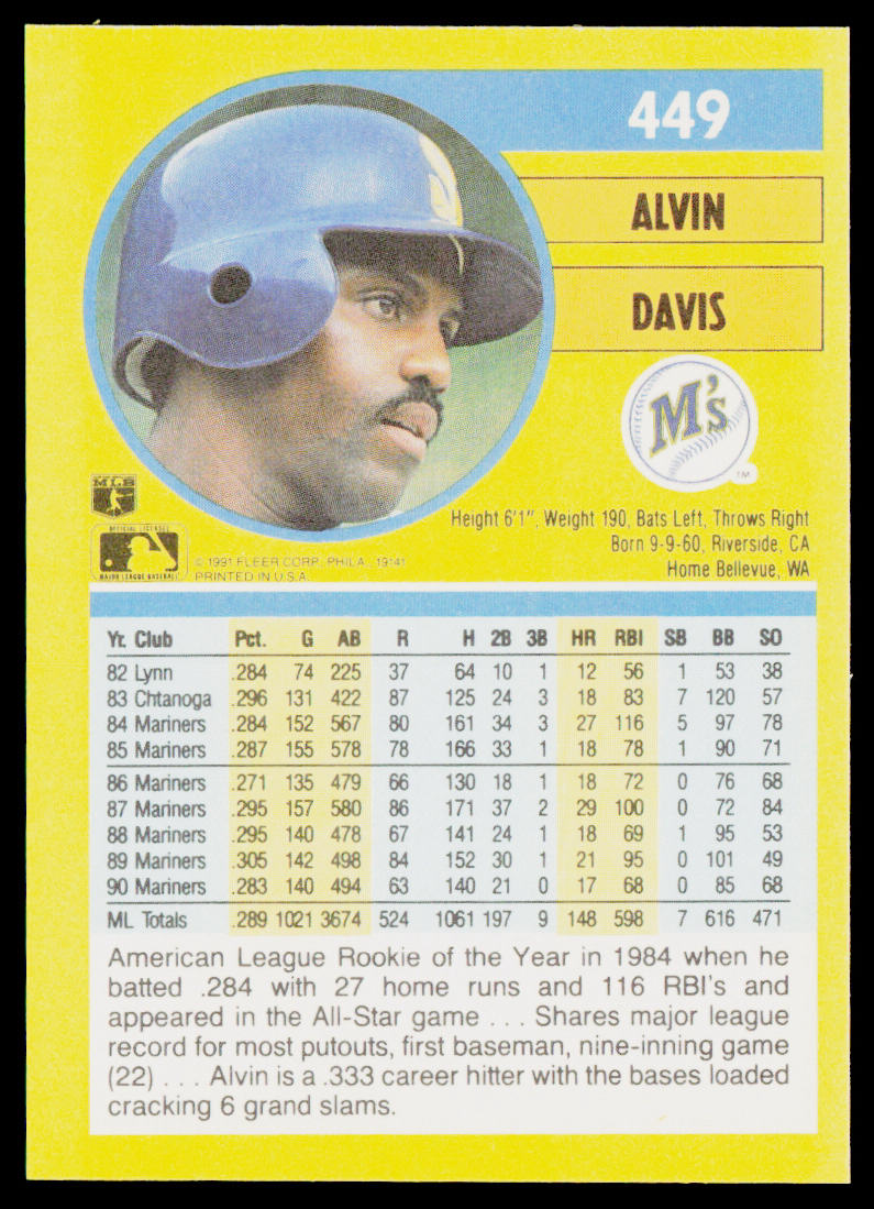 Alvin Davis 1991 Fleer #449 Seattle Mariners