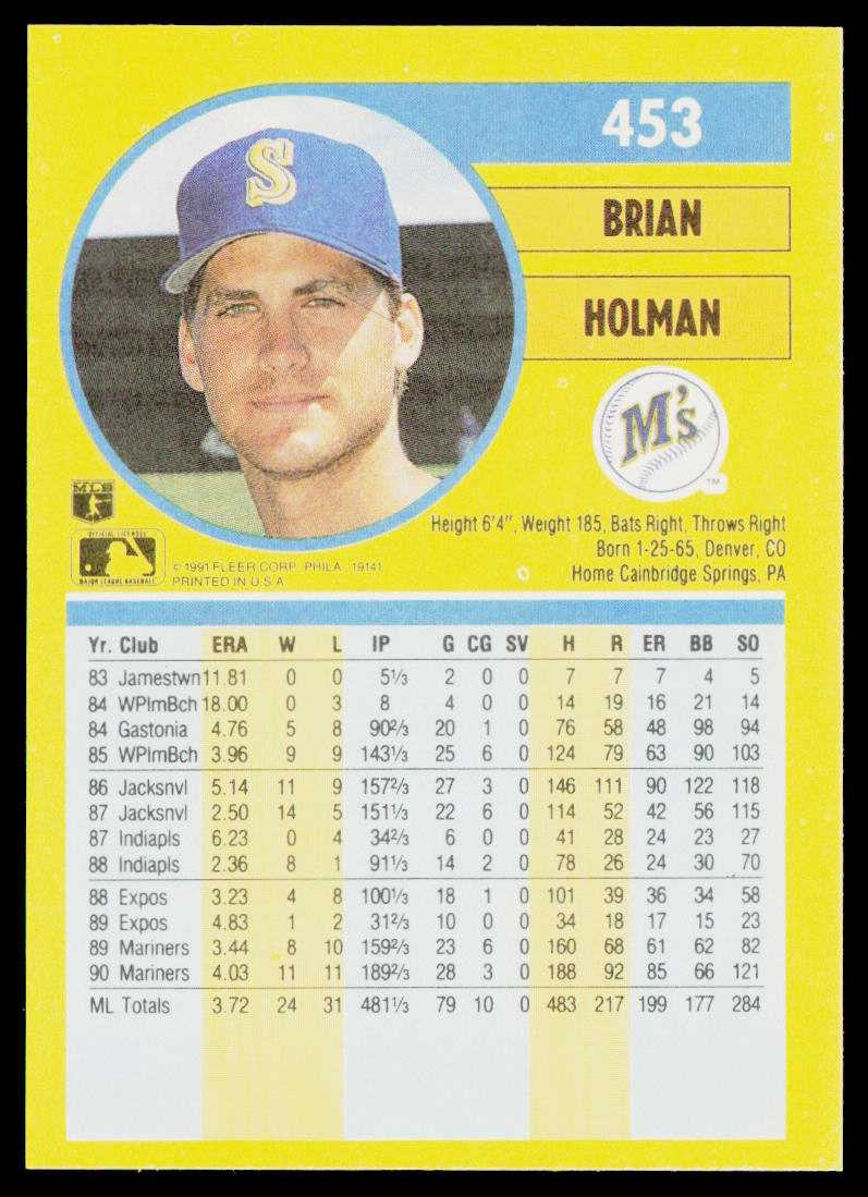 Brian Holman 1991 Fleer #453 Seattle Mariners